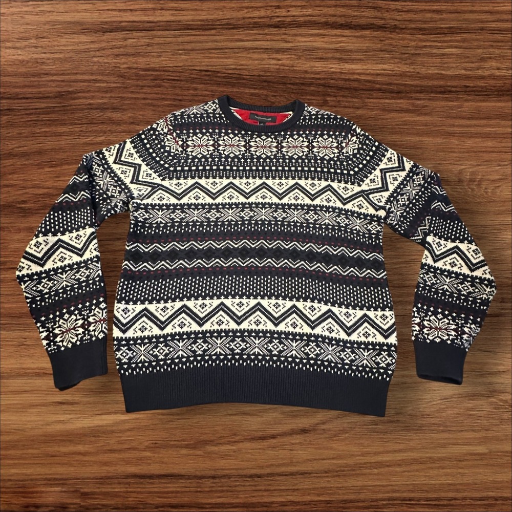 Tommy Hilfiger Fair Isle Sweater Mens Medium Navy Blue Excellent Snowflake Knit